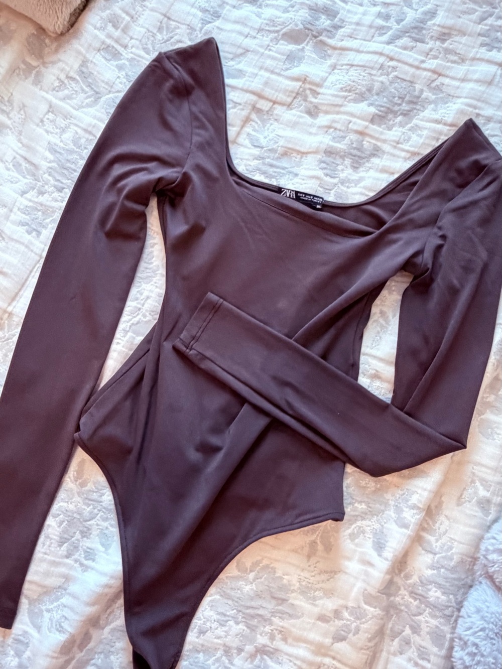 Zara Dark Brown Long Sleeve Scoop Neck Bodysuit